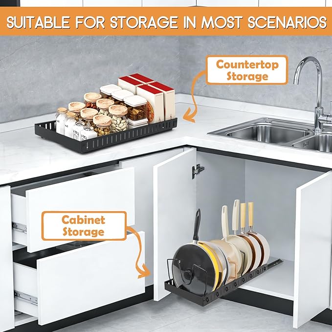 XIAPIA 2 Pack Pull Out Pots and Pans Organizer Under Kitchen Cabinet, Pot Lid Organizers, Slide Out Cookware Storage Rack with 8 Adjustable Dividers, Pull Out Shelves for Dishware Seasoning, Black