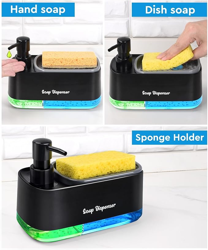 5-in-1 Kitchen Soap Dispenser Set with Sponge Holder - Dual Hand & Dish Soap Pump Dispenser for Sink Countertop with 2-Packs Natural Loofah Dish Sponge Dishwashing Scrubber,Black