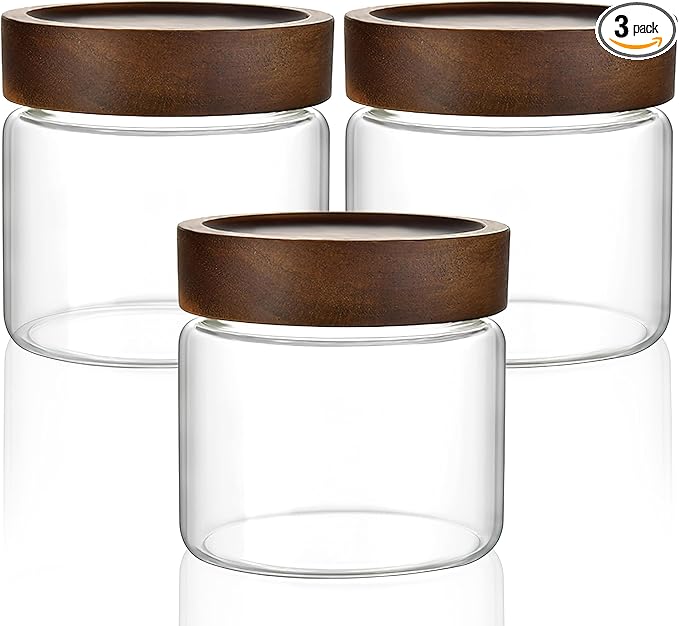3 Pack 17 fl oz/500ml Clear Glass Storage Canister with Airtight Wooden Screw On Lid, Small Cute Decorative Glass Container Jar Set for Coffee, Candy, Cookie, Condiment, Pepper, Sugar, Oatmeal