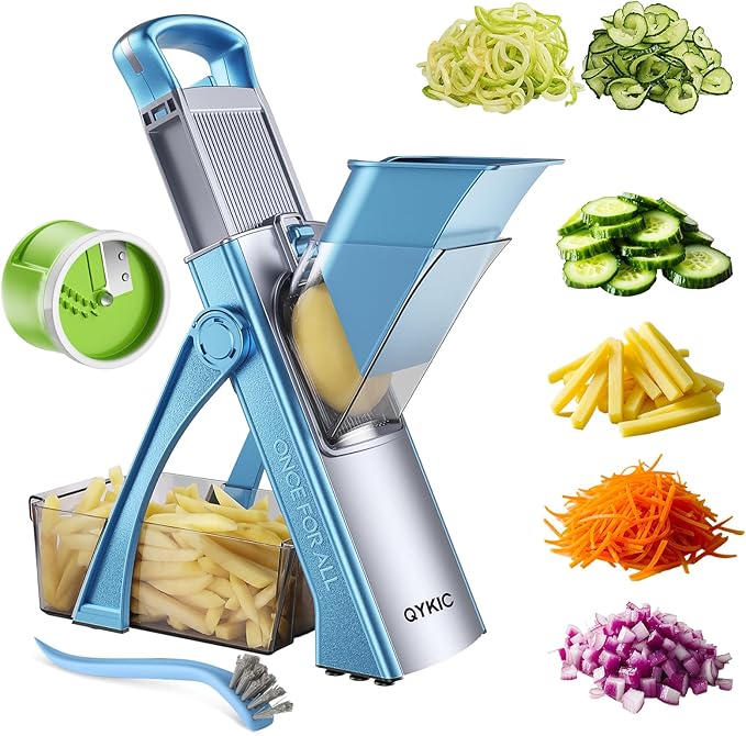 QYKIC Upgrade Safe Mandoline Slicer for Kitchen, Vegetable Chopper and Slicer, Potato Slicer Thickness Adjuster, French Fry Cutter, Veggie Onion Dicer Faster Kitchen Mandolin for Meal Prep