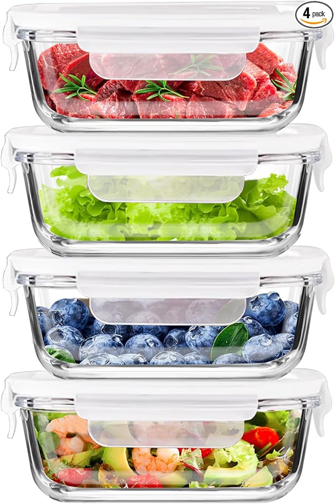 4Pack 13oz/0.37L Glass Meal Prep Containers with Lids, Glass Storage Containers with Lids, BPA-Free, Pantry Organizers and Storage, Freezer to Oven Safe (Clear)