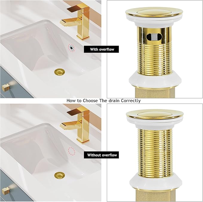 Bathroom Sink Drain,2 Pack Gold Stainless Steel Bathroom Drain Stopper Without Overflow,Small Cap Pop Up Drain Assembly with Detachable Strainer Basket,Built-in Anti-Clogging