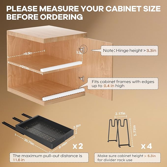 Seinloes 2 Pack Pull out Cabinet Organizer 21" Deep With Raising Pad for Framed Cabinets, Expandable (9"-14" W) Slide out Drawers for Kitchen Cabinets with 4pcs Divider Racks, Roll out Shelves, Black