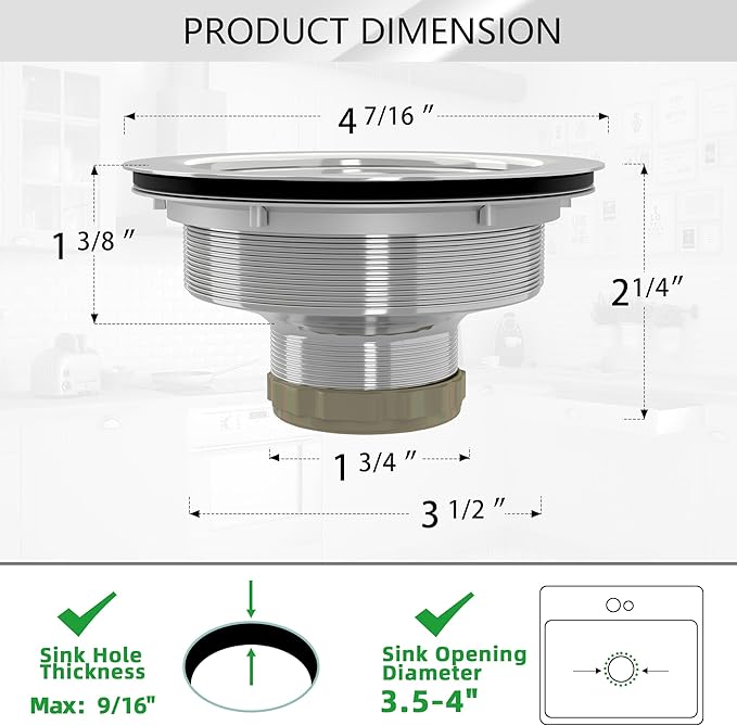 Kitchen Sink Drain 3-1/2 Inch Brushed Stainless Steel Sink Drain Strainer Assembly Kit with Sink Strainer Basket and Drain Stopper for Standard Kitchen Drains Brush Nickel Silver