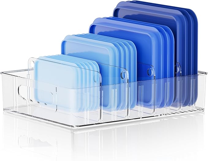 LYNG Lid Organizers Inside Cabinet, Clear Plastic Storage Lid Organizer With 4 Adjustable Dividers, Food Container Lid Organizer For Kitchen Pantry