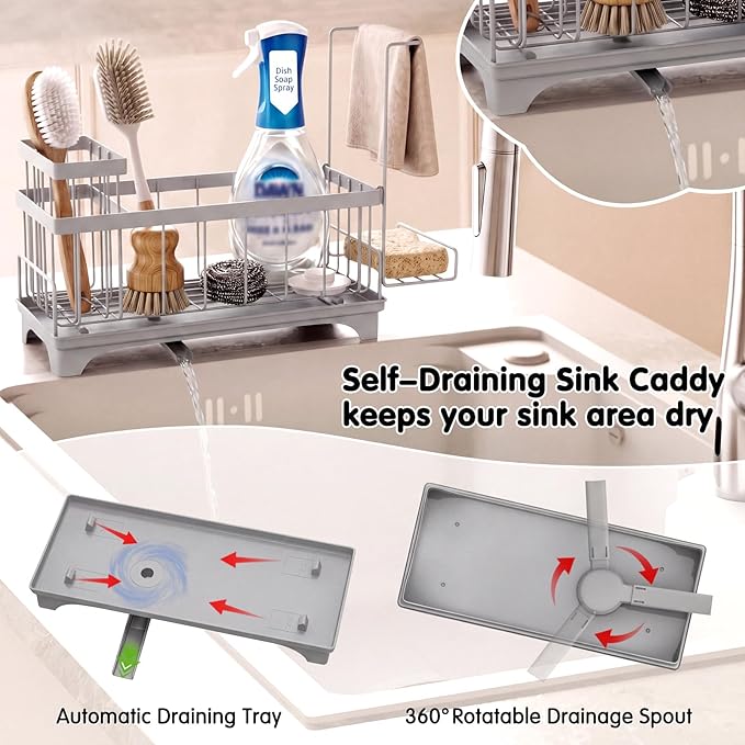 VOOWO Sponge Holder for Kitchen Sink, Compact Sink Caddy with Detachable Brush Holder and Towel Rack, Stainless Steel Kitchen Sink Organizer for Dish Sponge, Soap Dispenser Storage Accessories (Gray)