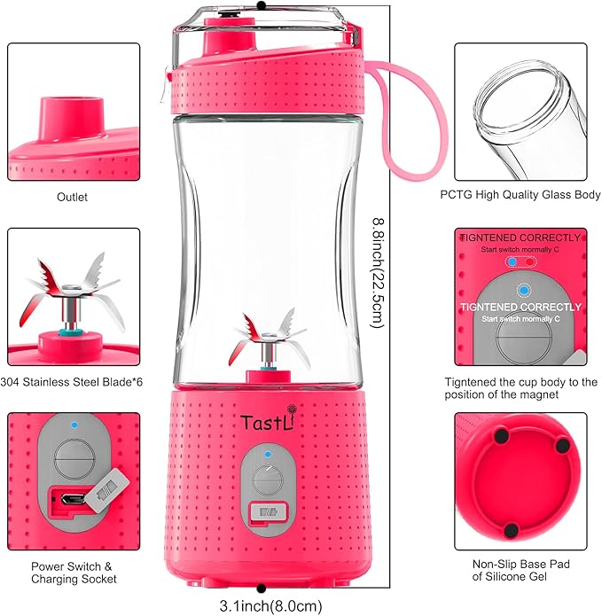 Personal Blender, Portable Juice On the Go Blender for Shakes and Smoothies, USB-C Rechargeable, Cordless (Pink)