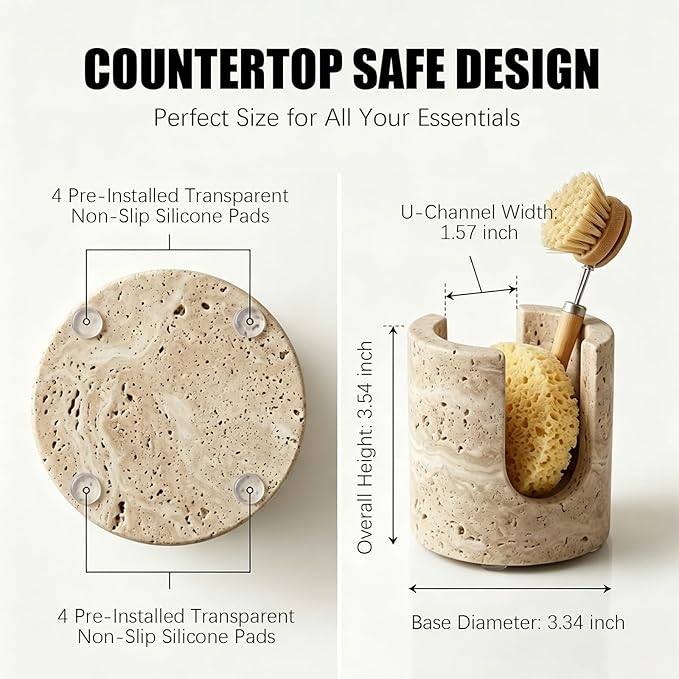 Natural Travertine Sponge Holder - Wabi-Sabi Stone Drying Rack for Kitchen Sink & Bathroom, Decorative Candle Tray, Flowers Organizer & Toothbrush Holder - Housewarming Gift, Home Decor