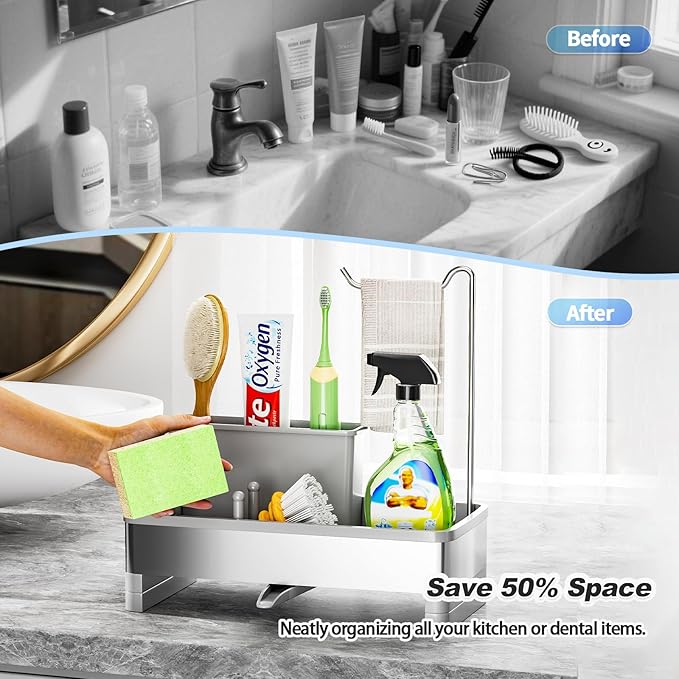 Ewaiira Sponge Holder for Kitchen Sink, Stainless Steel Sink Caddy with Brush Holder & Dishcloth Rack, Countertop Sink Organizer, Soap Dispenser Kitchen Organizers Storage Essentials (F-Gray 9.8″)