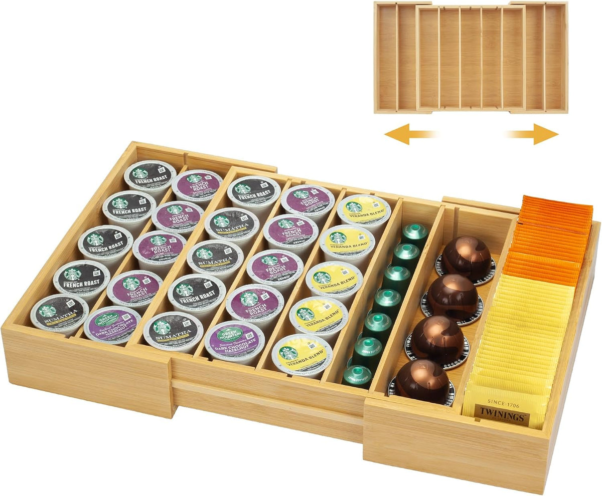 Bamboo K Cup Holder for Drawer or Countertop Coffee Pod Holder Expandable K Cup Pod Storage Tea bag organizer K Cup Storage for Coffee Station Home Office and Kitchen, Natural