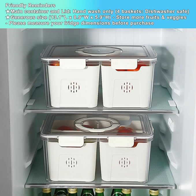 Taiuloo Airtight Fruit Storage Containers for Fridge with Lid & Handle, BPA-Free Snack Box Container with 4 Removable Colanders, Berry Vegetable Fresh Produce Saver, Clear Refrigerator Organizer Bins