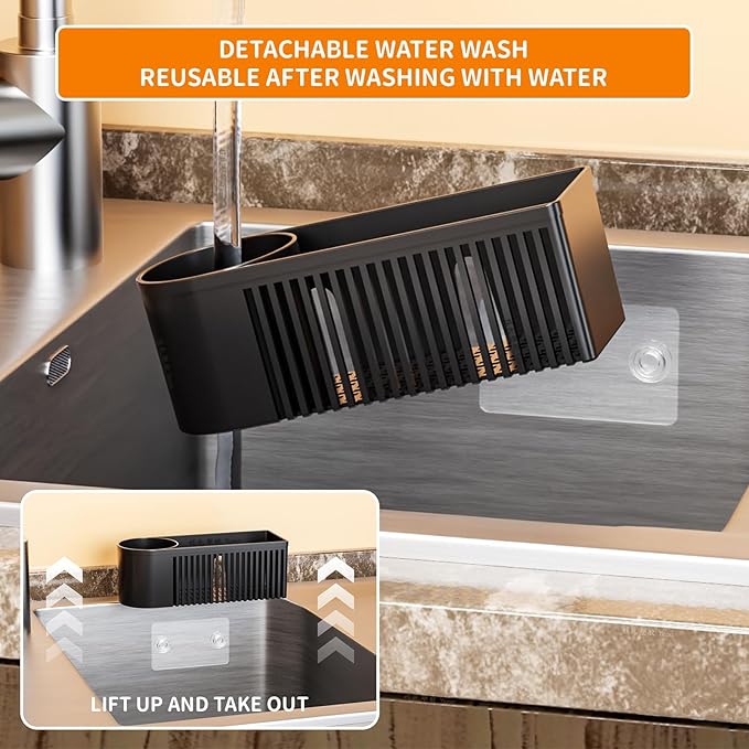 SuoXing Inside Sink Sponge Holder,Black Rustproof Sink Caddy and Scrub Holder for Kitchen Sink with Suction Cup,Adhesive,Plastic Dish Sink Organizer for Scrub Brush,Scrubber,Dish Sponge,Spinge Holder