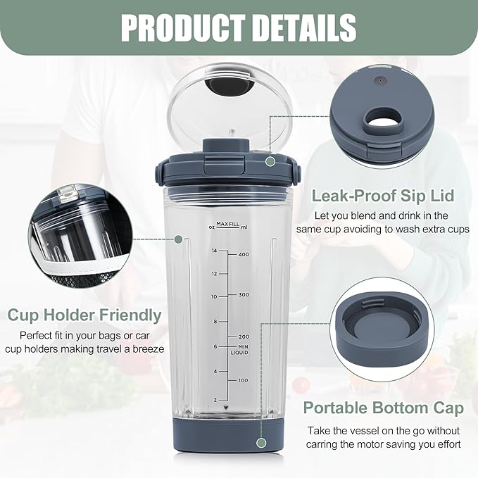 18 oz Vessel Replacement Compatible with Ninja Blast Portable Blender, Replacement 18oz Cup with Sip Lid & Bottom Cap for Ninja Portable Blenders BC151BK BC151NV BC151WH BC151CR BC151EM, PC,Blue