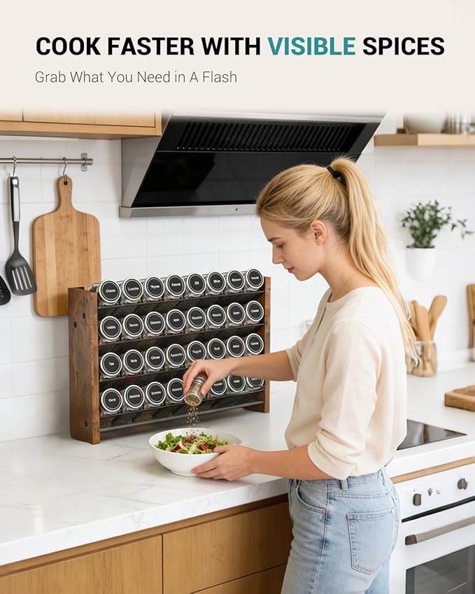 NESAPTO Spice Rack Organizer for Cabinet, Wood 4-Tier Vertical Seasoning Organizer, Wall Mount or Countertop Spice Shelf, Holds 32 Jars (No Jars Included), 15.7" W x 9.4" H