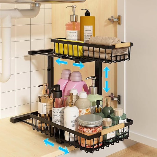 Under Sink Organizer, Height Adjustable 2 Tier Pull Out Cabinet Storage