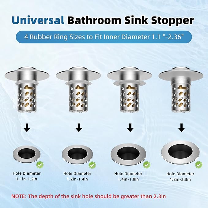 iFealClear 3 Pack All Metal Bathroom Sink Stopper, Pop Up Sink Drain Strainer with Removable Stainless Steel Filter Basket, Universal for 1.1"-2.36" Sink, Brass Bounce Core, Hair Catcher, Chrome