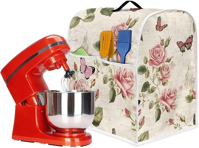 Pink Floral Butterfly Stand Mixer Cover Compatible with 6-8 Qt Blenders Machine Washable Kitchen Mixer Covers with Top Handle and Pockets for Counter Decor Housewarming Gifts