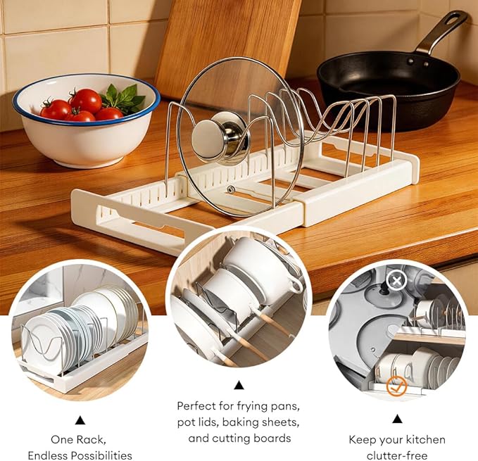 Expandable Pot and Pan Organizer Rack for Cabinet, Adjustable 35-58cm Kitchen Cabinet Organizer with 8 ABS Dividers for Lids, Cutting Boards, Bakeware, Dark Gray