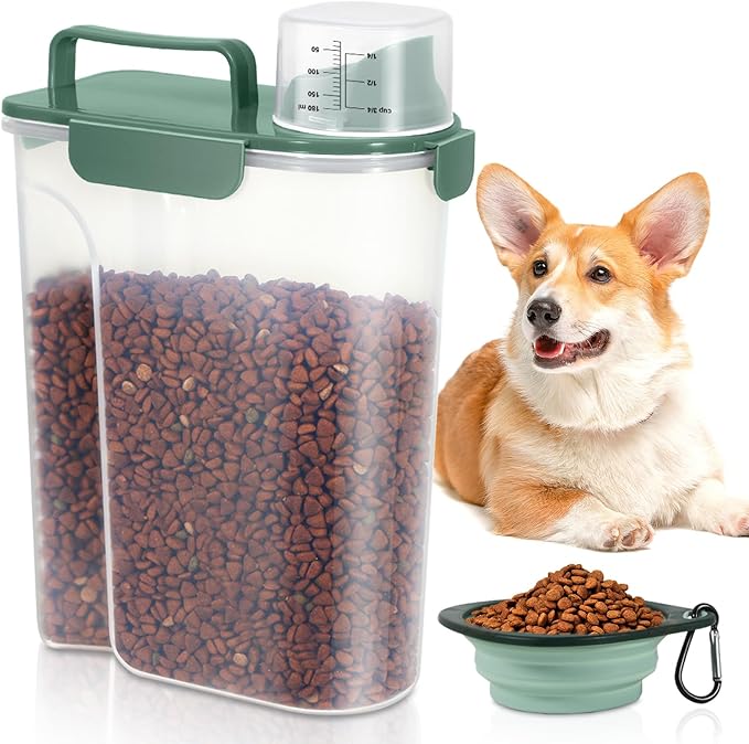 5 Lbs Dog Cat Food Storage Container with Collapsible Dog Bowls for Travel, Portable Pet Food Storage Container, Easy-Pouring Bird Seed Dispenser, Airtight Rice Cereal Oatmeal Flour Holder -Dark Green