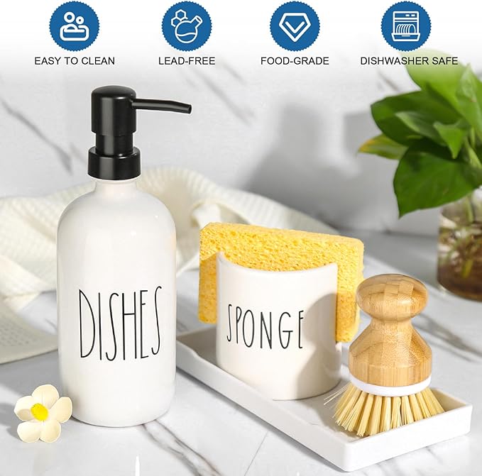 Dish Soap Dispenser for Kitchen, Ceramic Dish Soap Dispenser with Sponge Holder, White Dispenser Set with Tray, 3 in 1 Countertop Sink Organizer, Farmhouse Modern Kitchen Decor