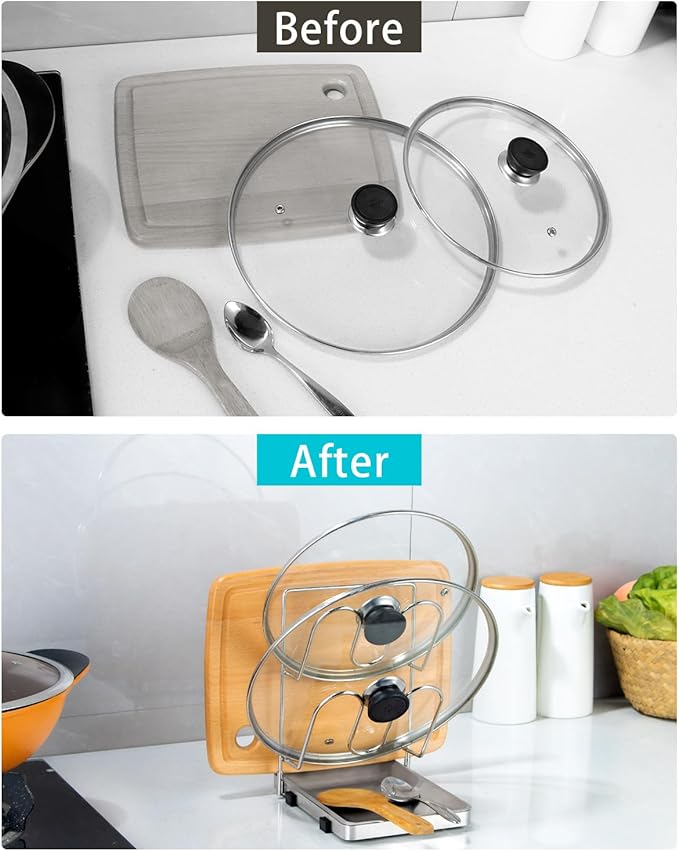 YQh pot lid holder,Two-compartment Stainless Steelcooking rack,pot lid holder while cooking,spoon rest with lid holder,spatula holder for counter,stove top shelf spoon and lid rest,pot lid organizer