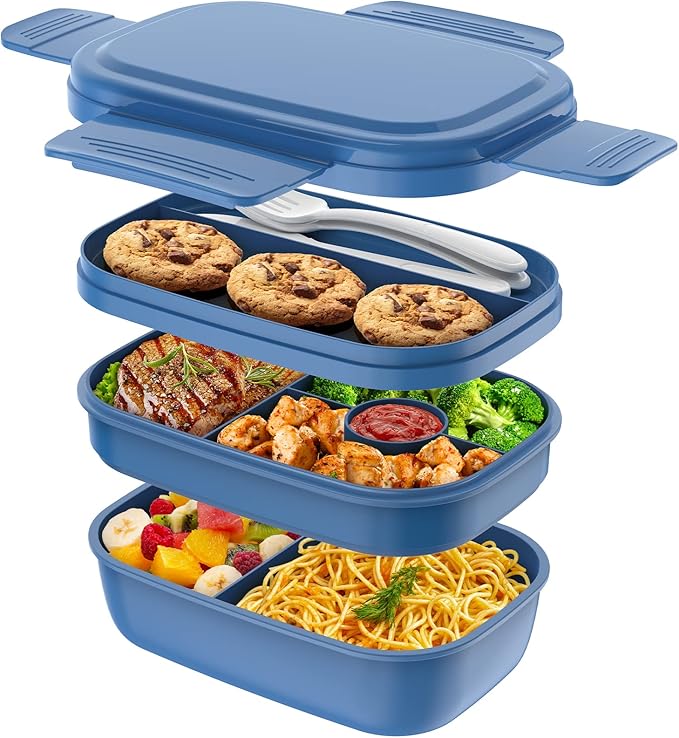 HOMETALL Stackable Bento Box Adult Lunch Box, Large Capacity 1900ml Lunchbox with Utensil Set, Leak-Proof for Dining Out, Work, Picnic, School