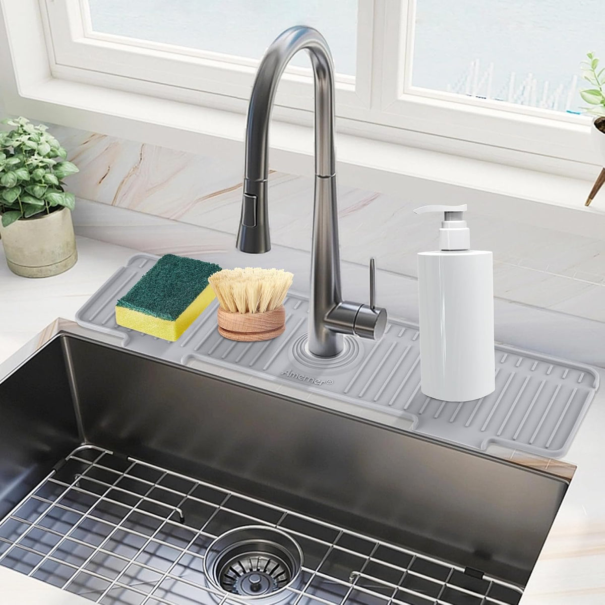 20 inch Kitchen Sink Splash Guard, 10° Large Slope & Adaptable Hole Faucet Mat for Kitchen Sink, Silicone Sink Organizer Sponge Holder for Kitchen, Bathroom, RV, Bar, 20” x 5.5”, Gray