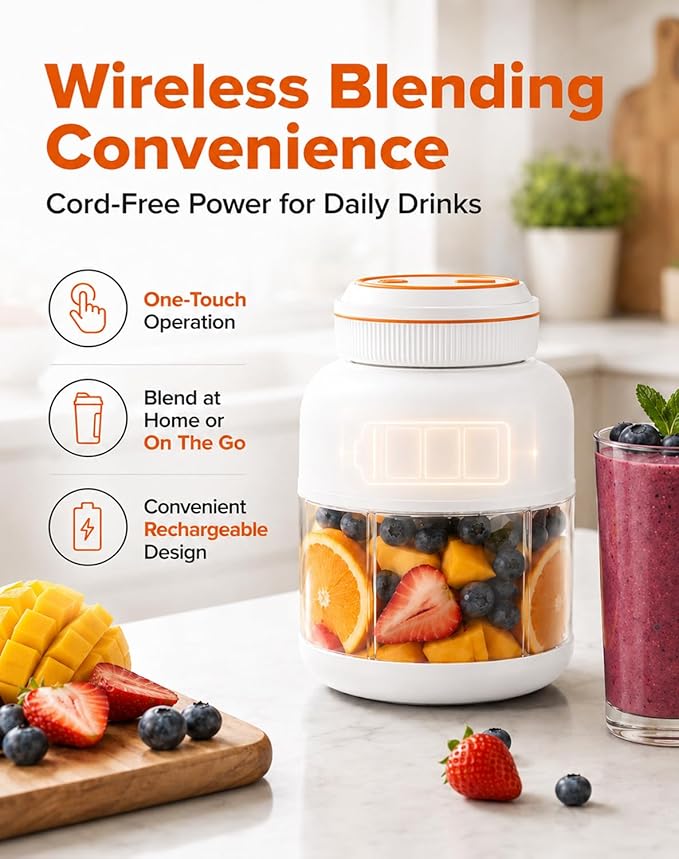 Portable Blender 44oz, Wireless Juicer Cup for Shakes and Smoothies, Personal Size Blender with Dual Lid & Leakproof Handle, Compact Travel Drinking Cup for Gym, Office, Kitchen, Outdoor (White 44oz)