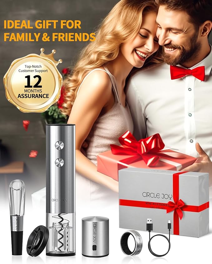 CIRCLE JOY Electric Wine Opener Rechargeable 5-in-1 Stainless Steel Wine Gift Set with Foil Cutter, Wine Aerator Pourer, Wine Drip Ring & Vacuum Stopper, Ideal Gifts for Wine Lovers, Silver