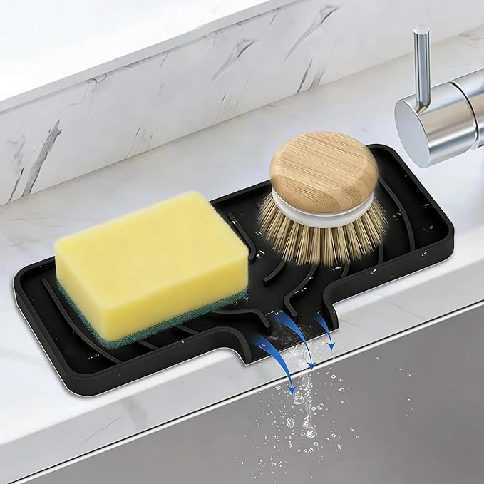 Silicone Sponge Holder for Kitchen Sink With Drain Spout, Self Draining, Kitchen Soap Tray, Bathroom Organizer, Sink Caddy (Black, 10×4)