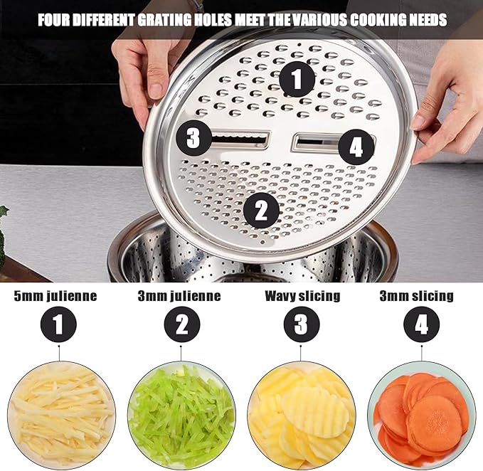 Multifunctional Stainless Steel Basin,Multi Stainless Steel Basin with Grater Vegetable Cutter Slicer Grater Strainer Drain Basket Salad Maker Bowl Colanders for Salad Maker