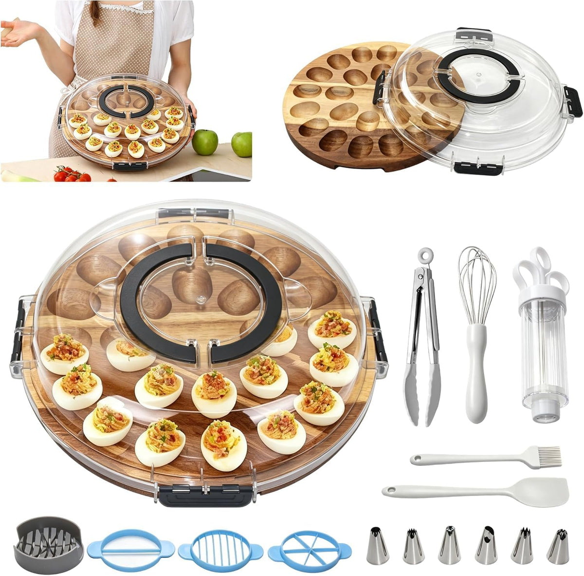Acacia Wood Deviled Egg Platter with Lid, 24-Hole Egg Tray with Slicer, Piping Tips & Mini Tongs for Easter & Parties