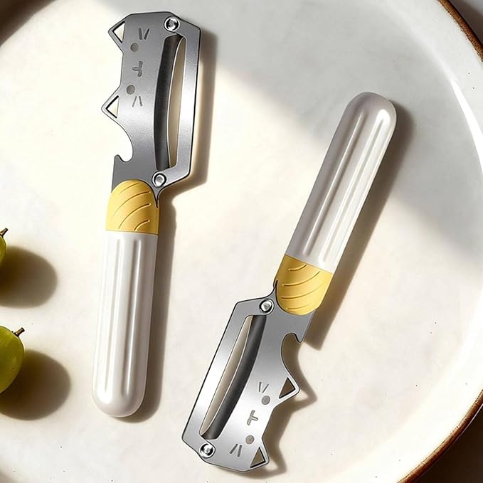 Multifunctional Vegetable Peeler, 2 in 1 Stainless Steel Peeler, Ultra-Sharp Stainless Steel Blade with Wooden Handle and Bottle Opener for Vegetables or Fruits, Kitchen Tool (Cute)