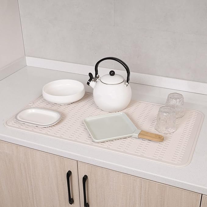 MicoYang Silicone Dish Drying Mat for Multiple Usage,Easy clean,Eco-friendly,Heat-resistant Silicone Mat for Kitchen Counter or Sink,Refrigerator or Drawer Liner Tapioca 4XL 32 inches x 18 inches