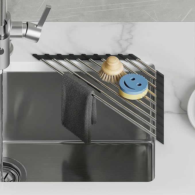 Dowell Over The Sink Roll-Up Dish Drying Rack, Foldable Tube Design, Space Saving Sink Organizer, Sturdy, Easy to Clean, Stylish Look - Triangle+Rectangular - Stainless Steel