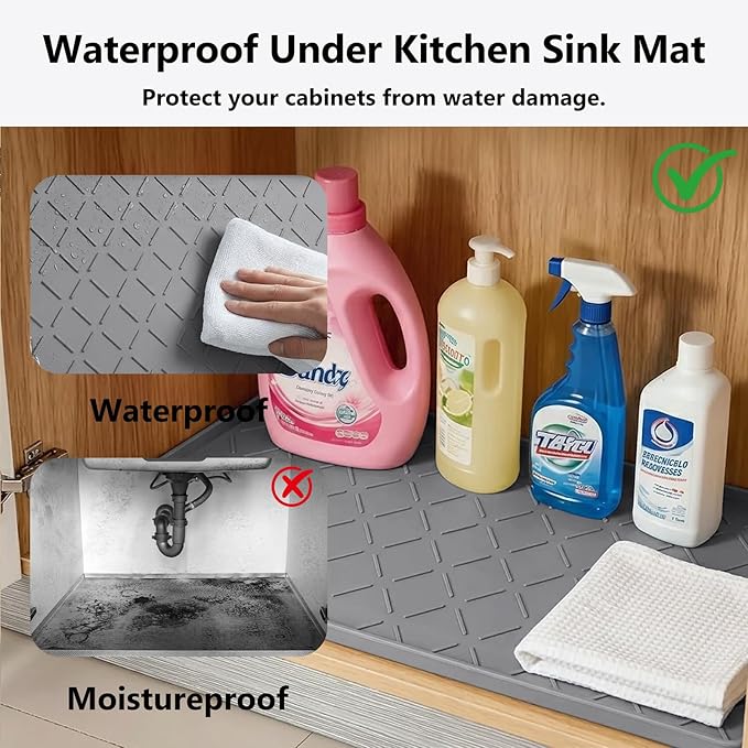 Mateeylife Under Sink Mats for Kitchen Waterproof 28"X19", Undersink Protectors，Silicone Mat Cabinet Liner, Under Sink Organizer for Bathroom and Kitchen，Boot Tray Pet Food Mat, Dark Grey