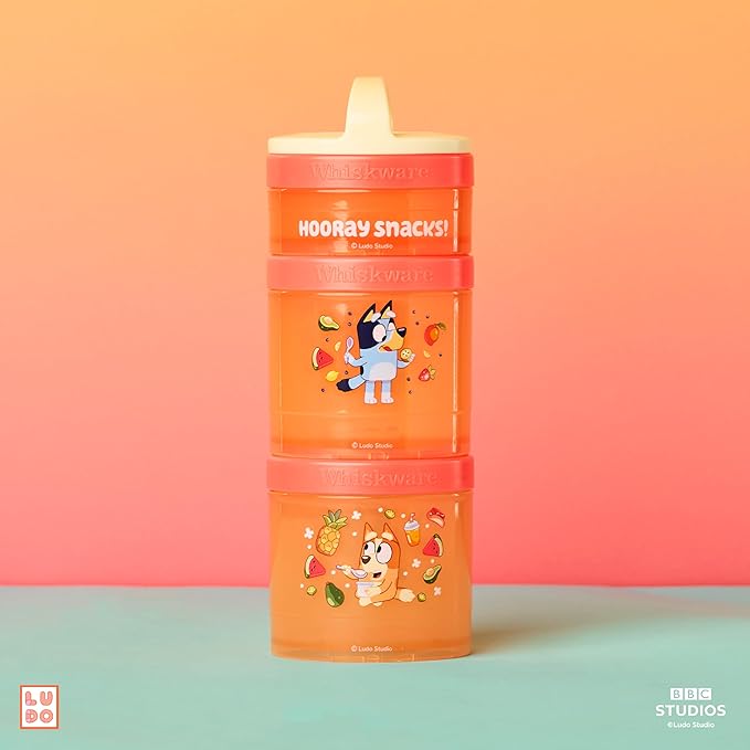 Whiskware Bluey Stackable Snack Containers for Babies, Toddlers, and Kids, 3 Stackable Snack Cups for School and Travel, Cupholder Friendly, Bluey and Bingo! Hooray Snacks!