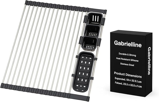 Gabrielline Expandable Roll Up Dish Drying Rack for Kitchen Sink, 21.6” x 12.7” Stainless Steel Over Sink Drying Mat with Utensil Holder & Drip Tray, Space Saving Heavy Duty Kitchen Rack Set