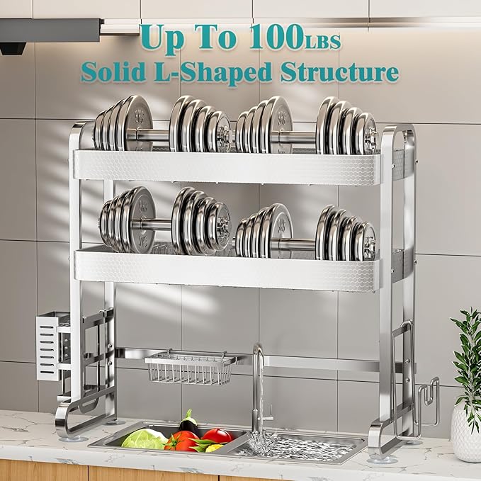 HOWDIA 3-Tier Over The Sink Dish Drying Rack, 304 Stainless Steel Dish Rack with Honeycomb Design, Cutlery Holder & Chopping Board Rack, 33.86” x 11.81” x 33.07” for Maximum Kitchen Storage