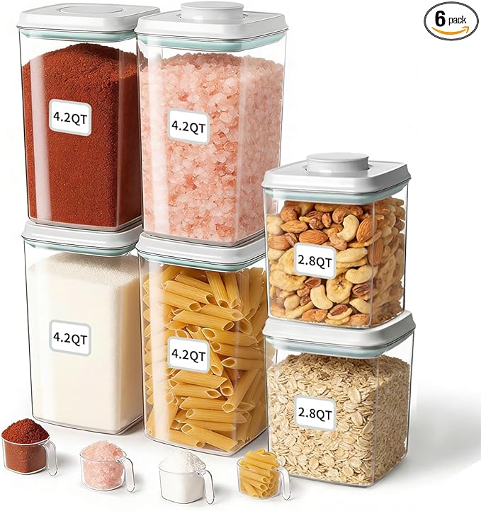 Airtight Food Containers Set with One-Touch Lid, Mixed Size Set (2.8 Qt *2+ 4.2 Qt *4) with Scoop, Stackable Jars for Complete Kitchen Organization