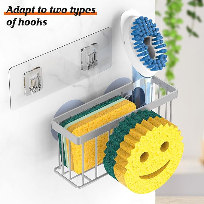 MURLONG Sponge Holder Smiley Face, Sink Organizer with 2 Suction Cups/1 Adhesive Strips, Designed for Sponge, Soap, Dish Brush, Scrubber - Gray