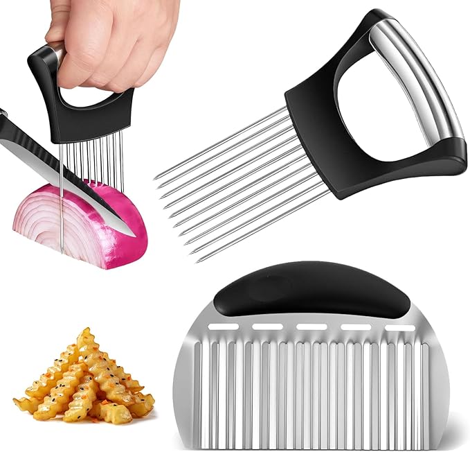 Stainless Steel Onion Holder for Slicing & Crinkle Cutter - Onion Slicer Holder, French Fry Cutter, Vegetable Cutter for Potatoes, Lemon, Tomatoes - Multi-Use Kitchen Gadgets with Ergonomic Handle