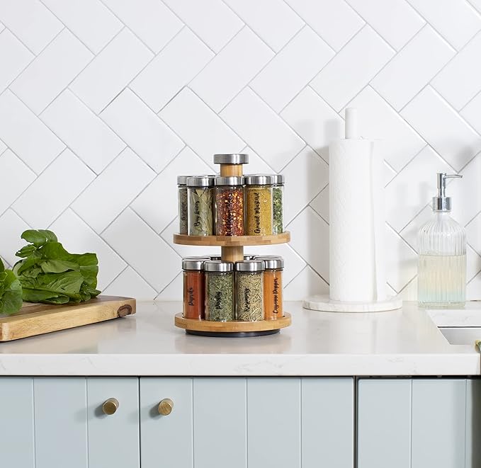 Orii 16 Jar Spice Rack with Spices Included & 5-Year Free Spice Refill Program - Rotating Countertop 2 Tier Tower Organizer for Kitchen Spices and Seasonings, (Bamboo Wood)