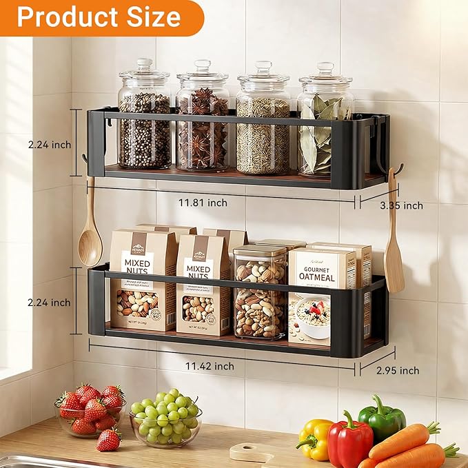 2 Pack Wall Mounted Spice Rack with 2 Hooks, Spice Organizer Shelf for Stove Cabinet Pantry Door, Screw or Adhesive Spice Shelf Hanging Wall Spice Rack in Kitchen and RV (Black, 2 Pack)