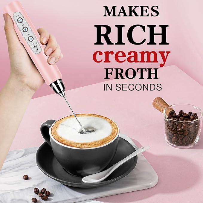 BSRGMS Milk Frother Handheld with Stand, Electric Whisk 3 Speed Adjustable, Drink Mixer with Stainless 3 Whisks, Rechargeable Hand Frother Wand, Foam Maker for Latte Cappuccino Hot Chocolate Egg Pink
