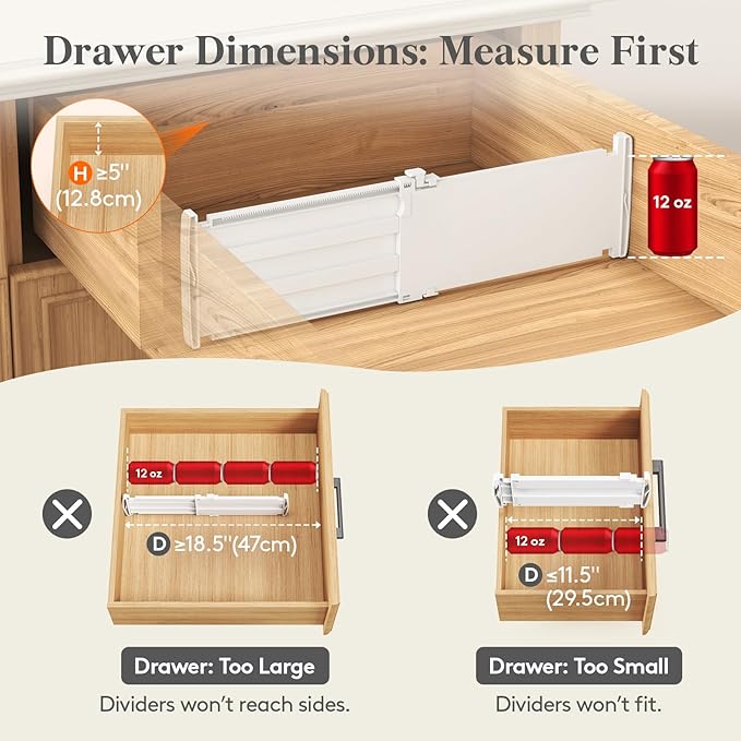 Lifewit 8 Pack 5" High Drawer Dividers for Clothes, 11.5"-18.5" Expandable Dresser Drawer Organizers, Adjustable White Plastic Separators for Kitchen, Cabinet, Nursery, Socks & Underwear Storage