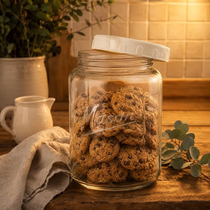 kitchentoolz Extra Large Mason Jar - 1 Gallon Glass Wide Mouth Jar with Airtight Plastic Screw on Lid, Food Storage Container with Measurement Marks Pack of 2