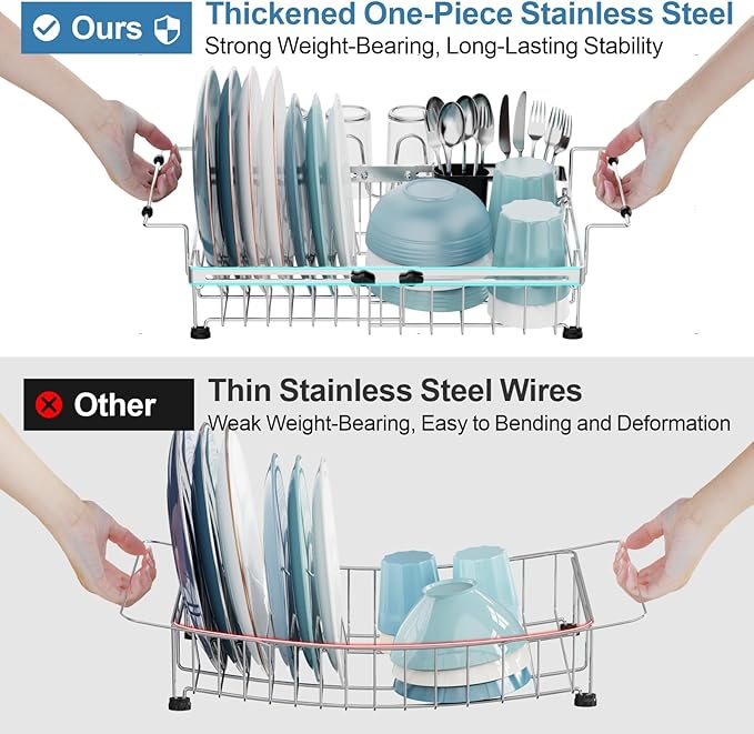 GSlife Expandable Over the Sink Dish Drying Rack with Cup Holder - Stainless Steel Dish Drainer with Locking Knob, Size Adjustable Dryer Strainer for Kitchen, Fit Sink 10.8"-17.9" L, Silver