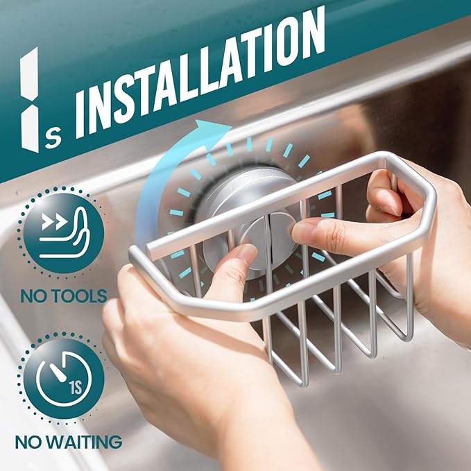 TAILI Sponge Holder for Kitchen Sink with Strong Suction Cup Removable, Rustproof Aluminum Sink Caddy for Sponge, Brush, Scrubber, Scraper -Silver