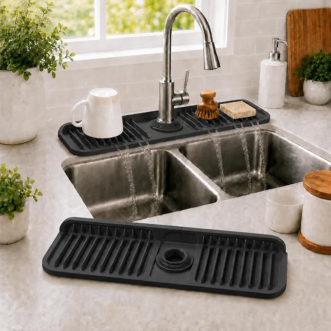 17.7" Silicone Faucet Mat for Kitchen Sink,7° Draining Mat with Snap Button Lock,Faucet Splash Guard and Sink Counter Organizer,Trim-to-Fit Kitchen Faucet Protector for Sponge Brush Cup